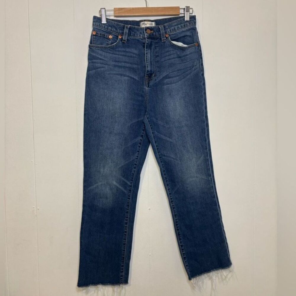 Madewell High Rise Crop Raw Hem Straight Jeans Blue Cotton Mid Wash Size 28